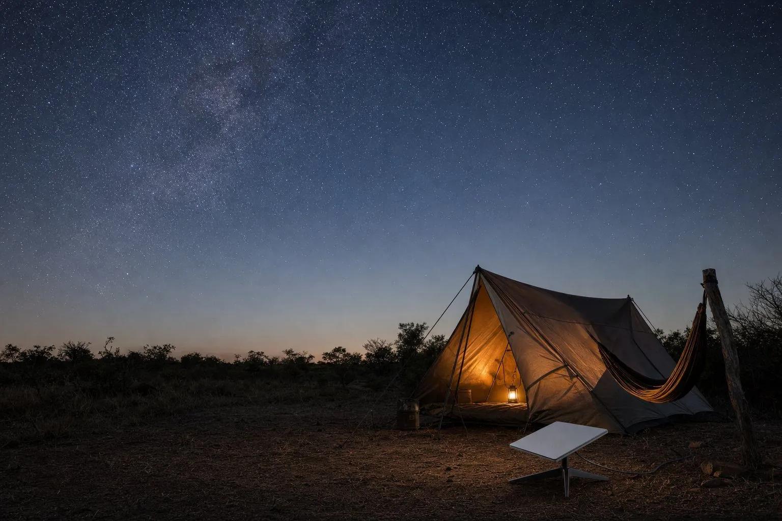 Acampamento noturno no cerrado com barraca iluminada por dentro e antena Starlink Mini em um tripé no chão
