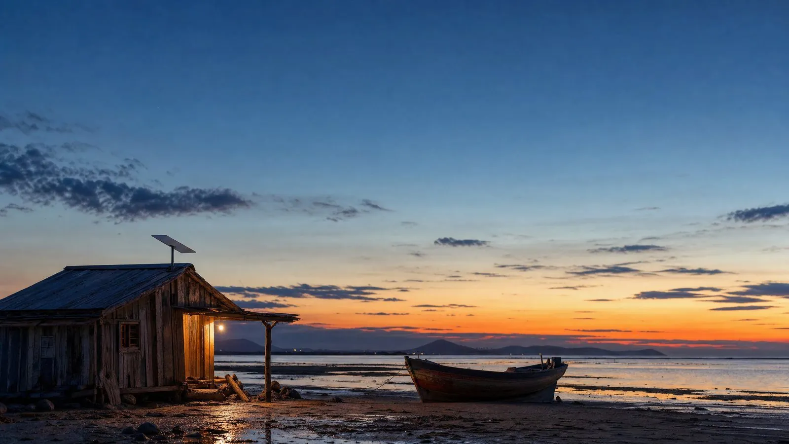Praia remota no litoral brasileiro ao anoitecer, com barco de pesca na areia e antena Starlink em um mastro ao lado de um rancho de madeira