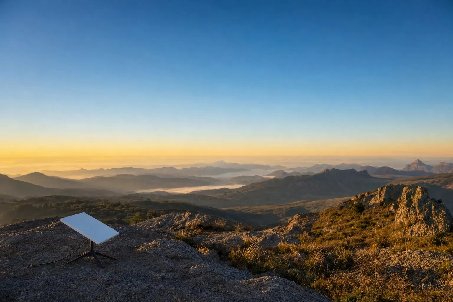 Trilha de montanha ao amanhecer, com a antena Starlink Mini sobre uma rocha em primeiro plano e névoa no vale